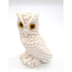 Vintage Carved Alabaster White Owl Figurine Yellow Eyes Made In Italy Signed FH
